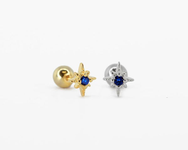 Tiny Sapphire Star Cartilage Gold Stud Earrings • tiny conch earrings • cartilage stud • helix stud • tragus stud earrings • screw back